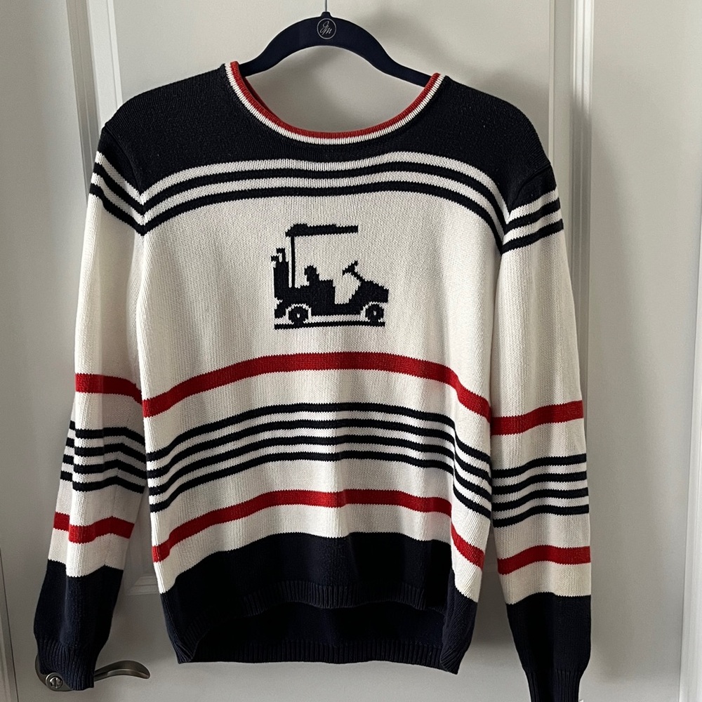 Liz Claiborne Crewneck GOLFCART ‘Sweater in White, Black & Red Cotton VTG S